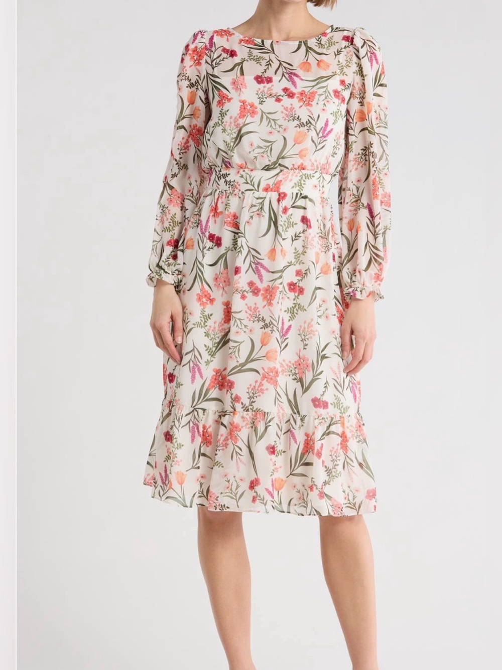 NWT Eliza J Long Sleeve Floral Smocked Waist Midi Dress Ivory Coral Size 8
